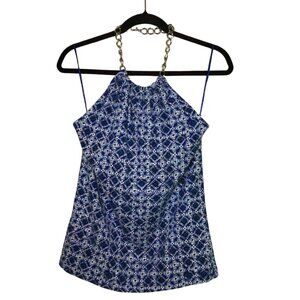 Jones New York Top Women’s L Large Blue White Chain Halter Sleeveless Shirt